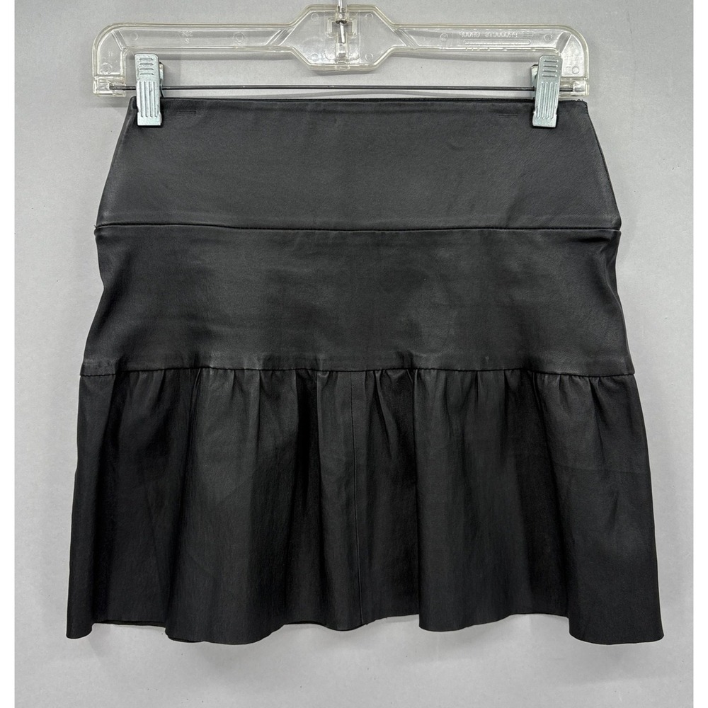 SPRWMN Leather Skirt Womens Small Black Stretch Ruffle Hem Mini Made in USA